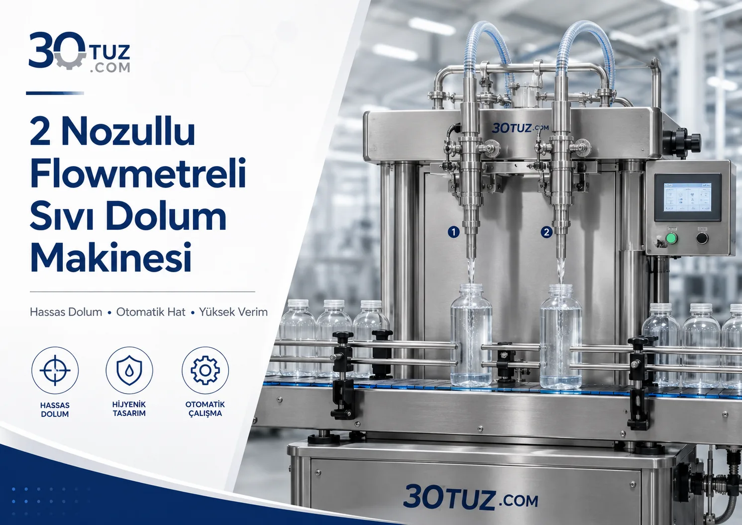2 Nozullu Flowmetreli Sıvı Dolum Makinesi: Hassas Dolum ve Otomatik Hat Kullanımı