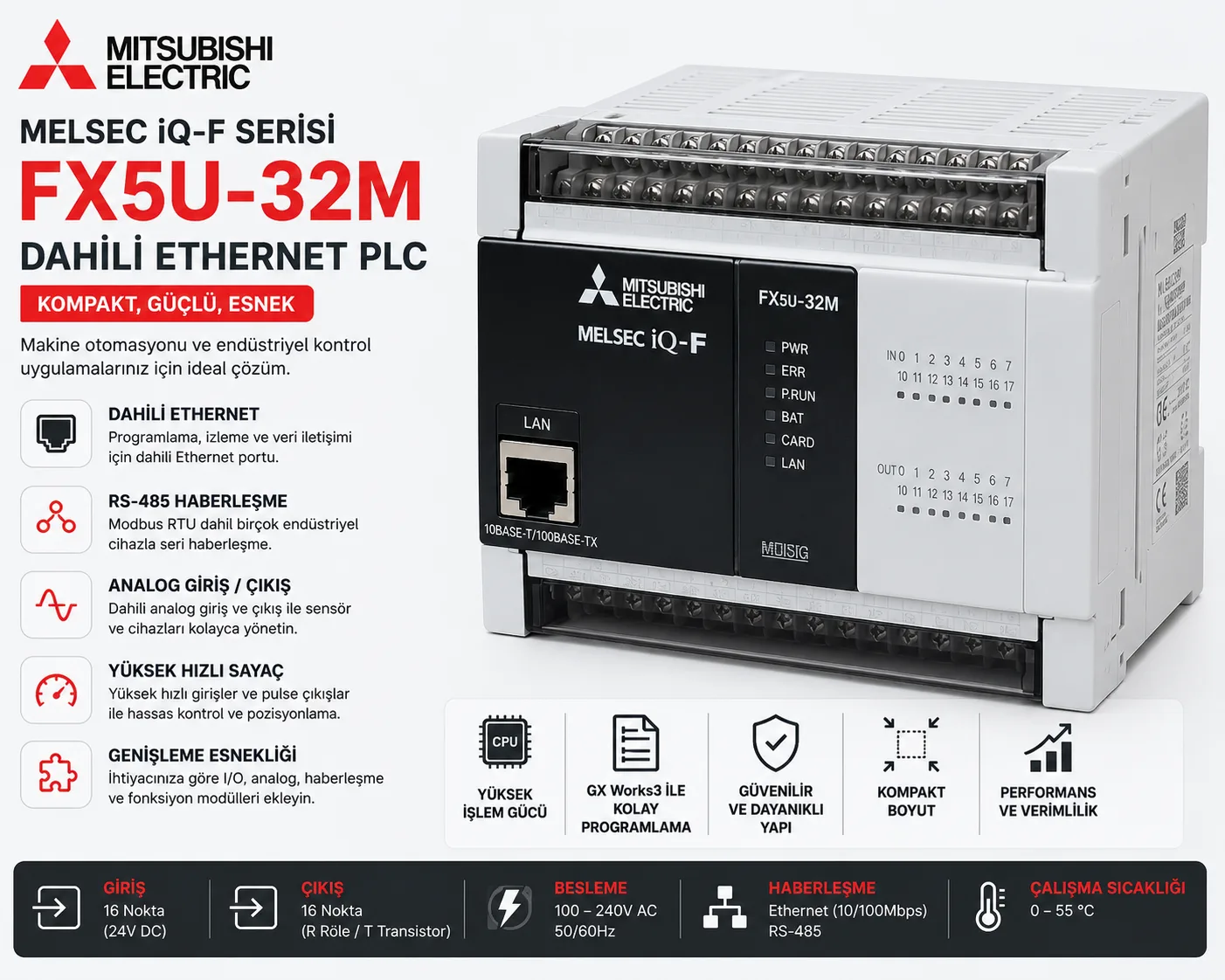 Mitsubishi MELSEC iQ-F FX5U-32M Dahili Ethernet PLC