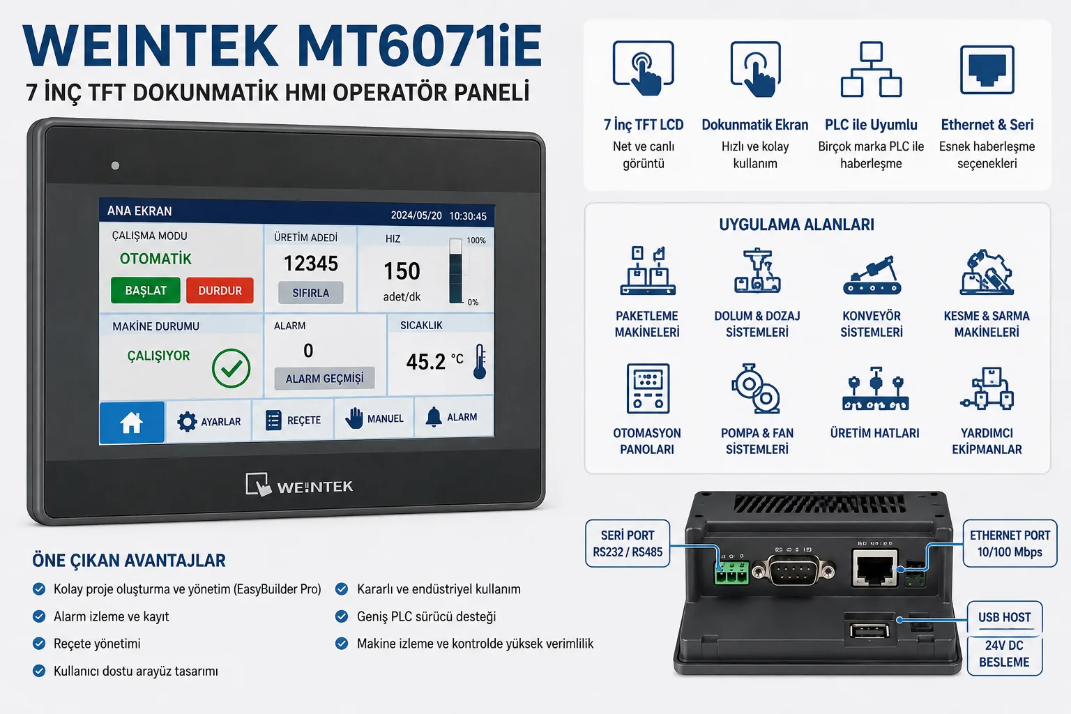 Weintek MT6071iE 7 İnç TFT Dokunmatik HMI Operatör Paneli